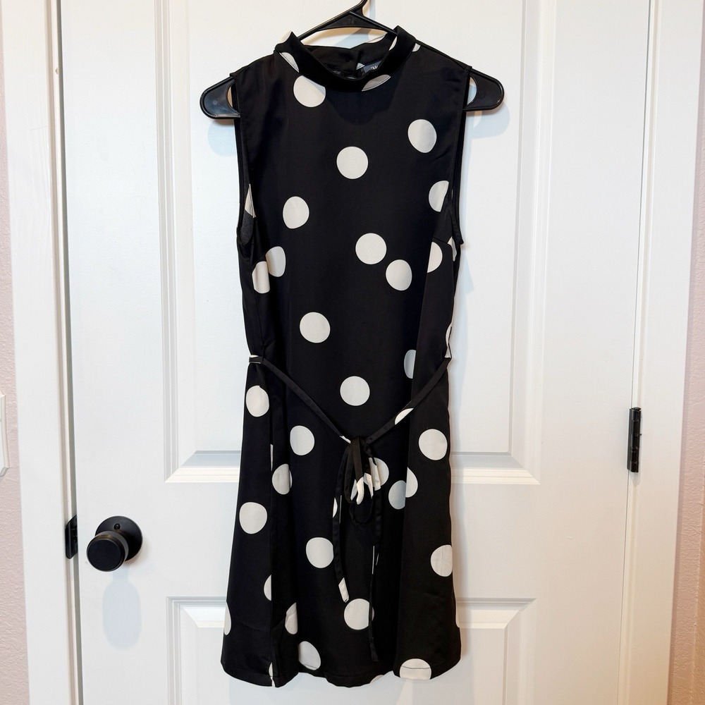 ModCloth Womens Polka Dot Fit & Flare Dress Medium Mock Neck Tie Retro Parisian
